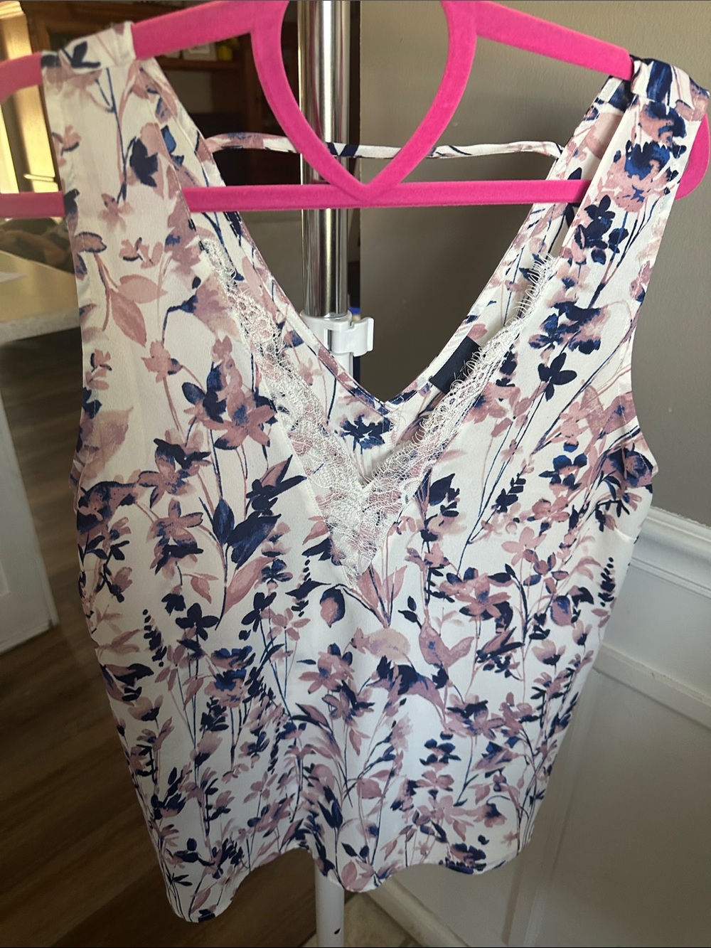 Floral Lace V-Neck Women's Tank - White with Pink & Navy